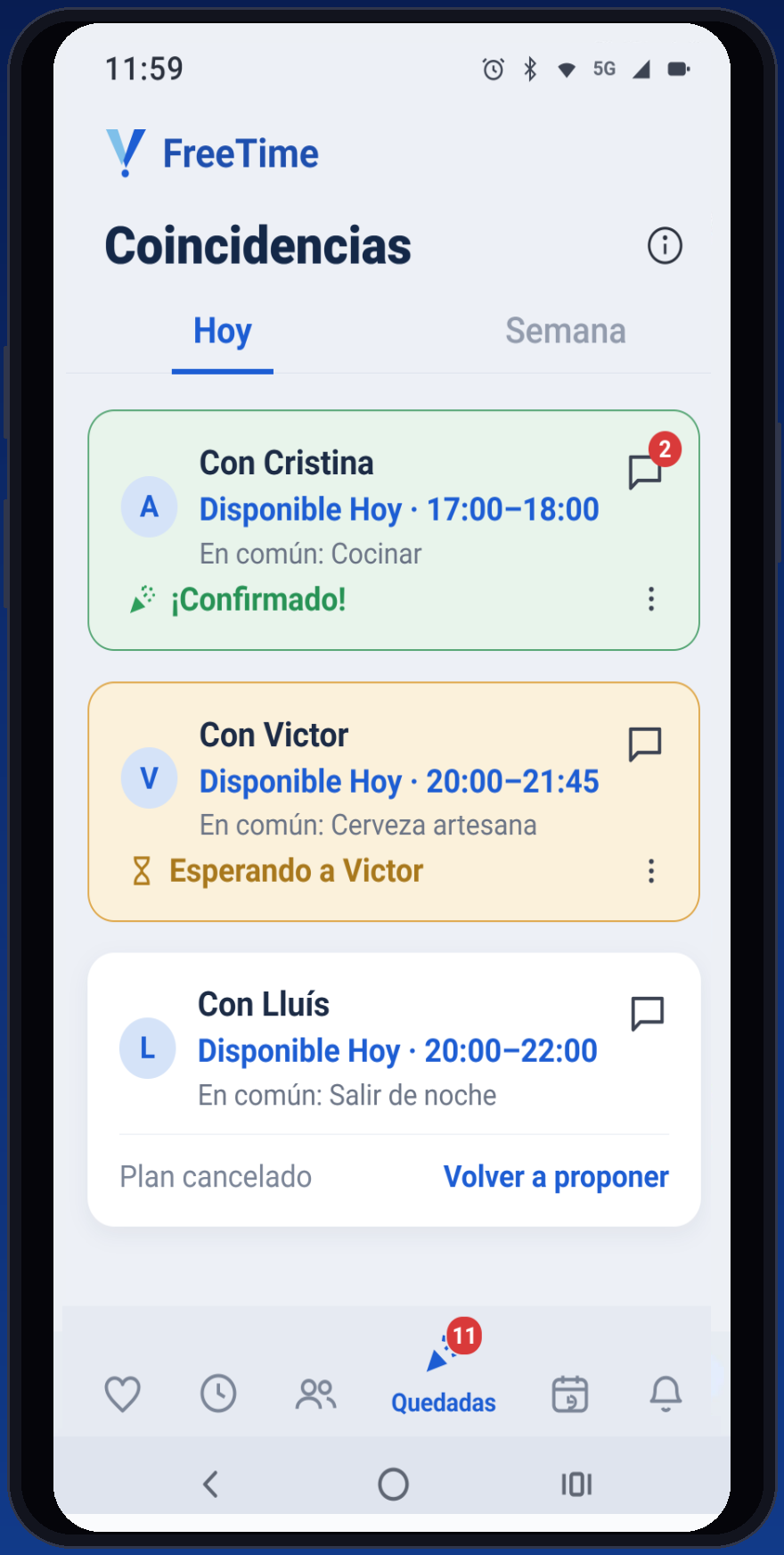 Pantalla Coincidències de FreeTime