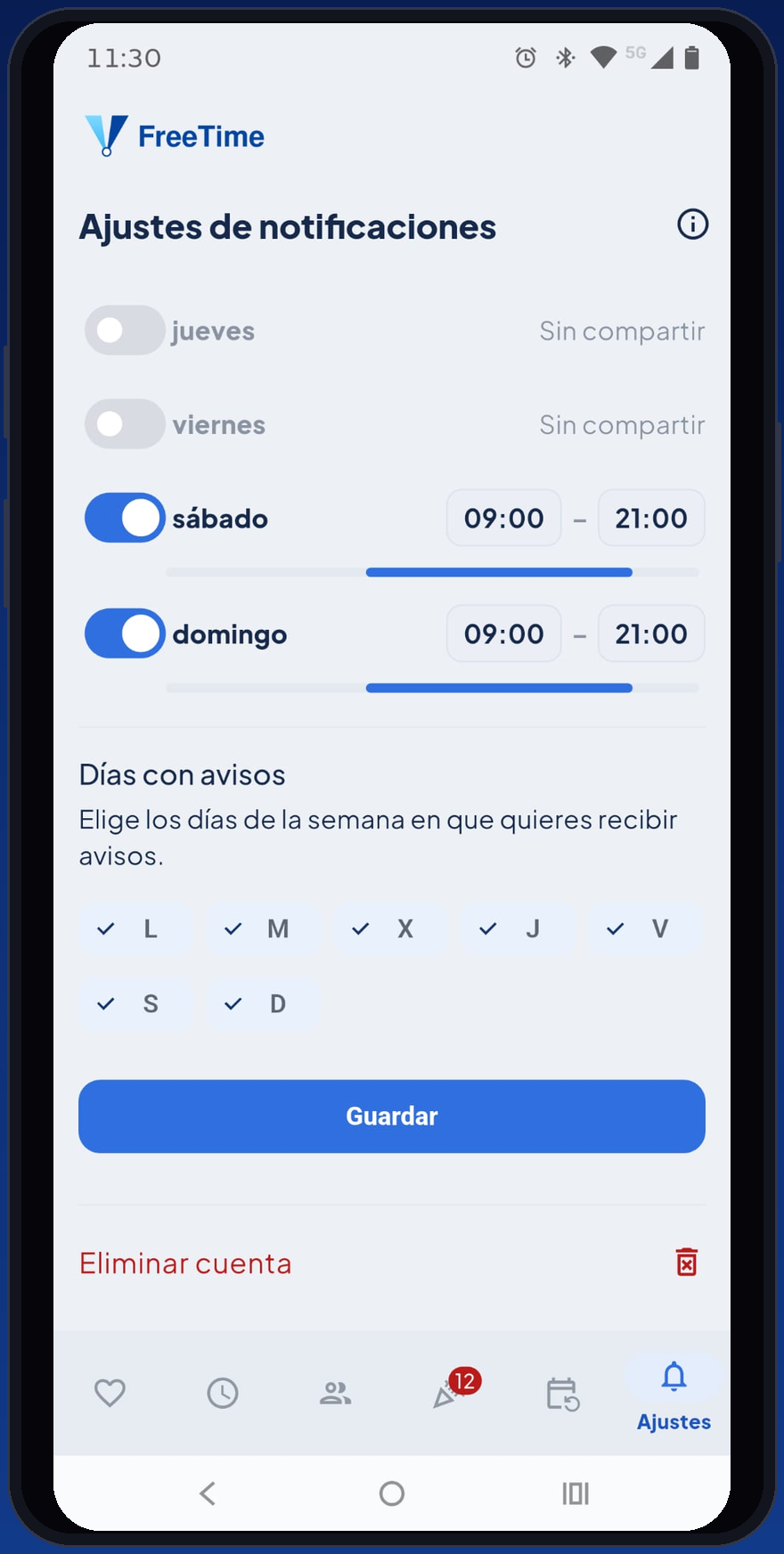 Pantalla Ajustes de notificaciones de FreeTime