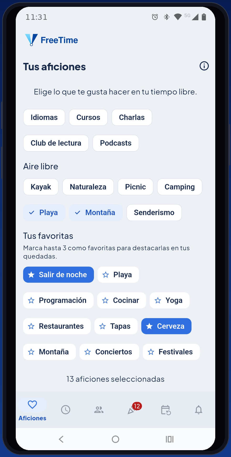 Pantalla Les teves aficions de FreeTime
