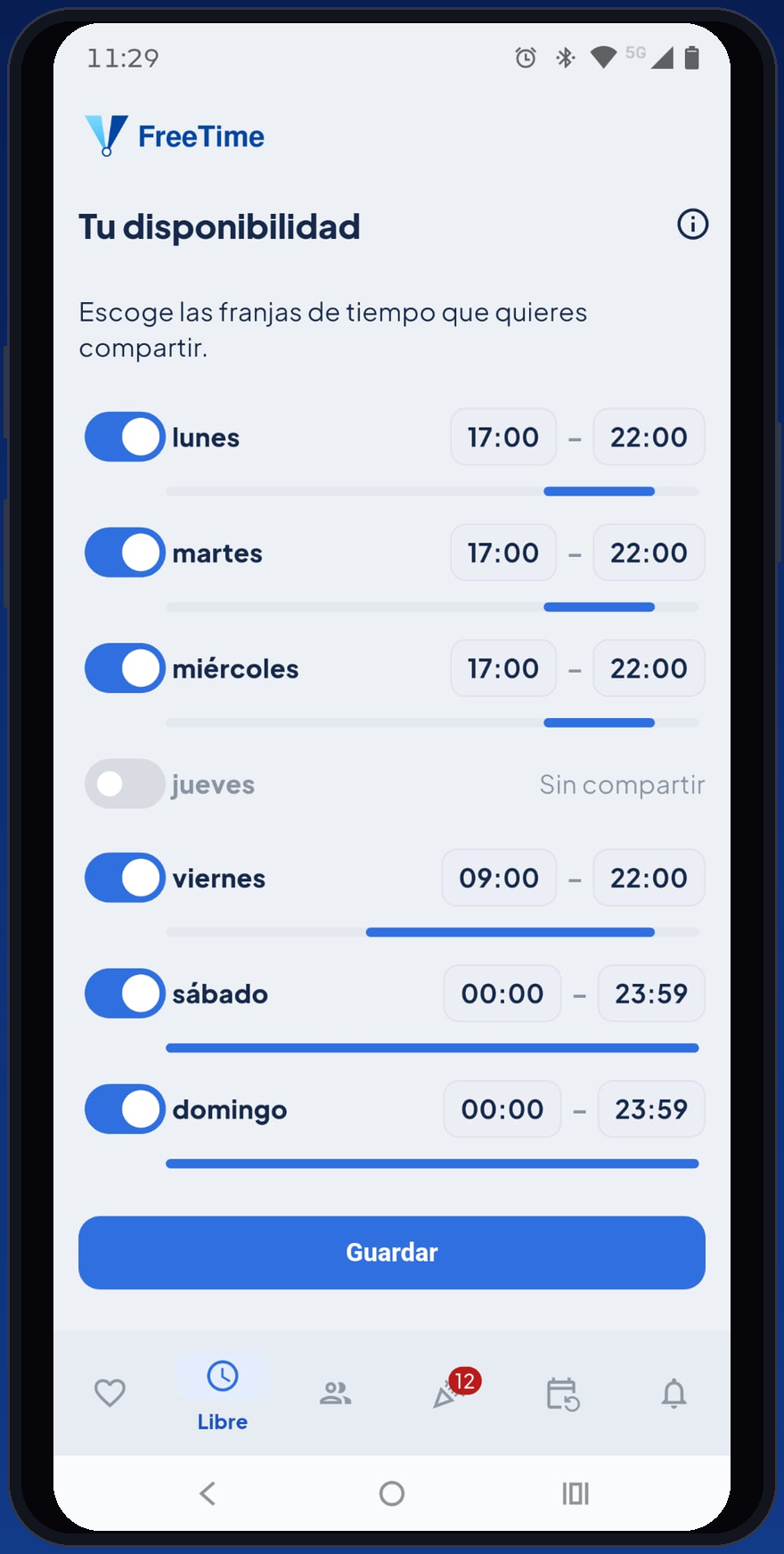 Pantalla La teva disponibilitat de FreeTime